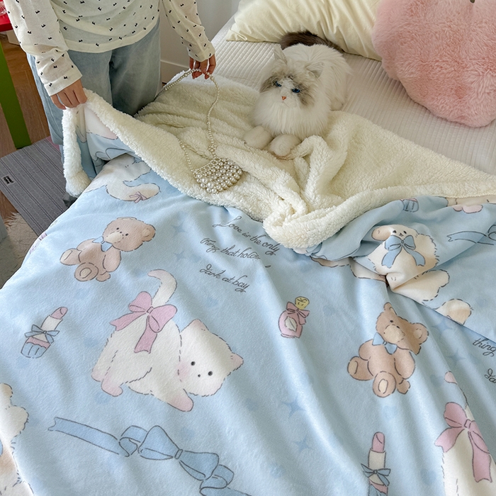 91家纺网 家纺一手货源 找家纺 吉象家纺 2024新款高克重牛奶绒羊羔绒印花毛毯 元气猫咪