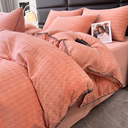 菡宝 2024新款贝壳边无印风230g雕花绒床单四件套 菱形格-玉粉