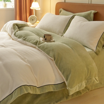 万盛家纺 2025新款牛奶绒拼色宽边四件套 香草白-抹茶绿