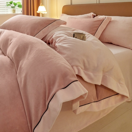 万盛家纺 2025新款牛奶绒拼色宽边四件套 豆沙-悠悠粉