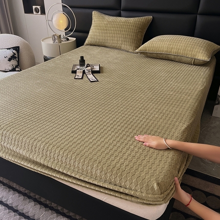 菡宝 2024新款素色烂花床笠 菱形豆绿