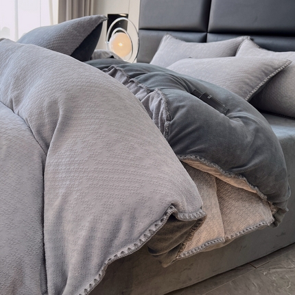 菡宝 2024新款贝壳边无印风230g雕花绒床单四件套 千鸟-灰