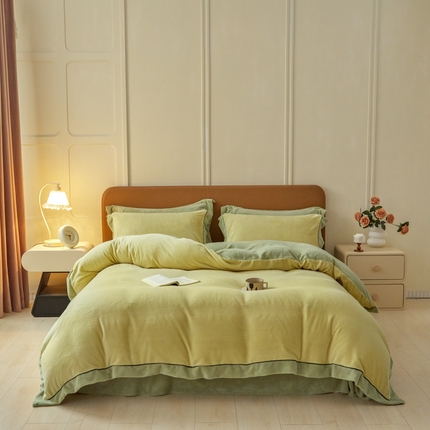 91家纺网 家纺一手货源 找家纺 万盛家纺 2025新款牛奶绒拼色宽边四件套 浅茶绿-抹茶绿