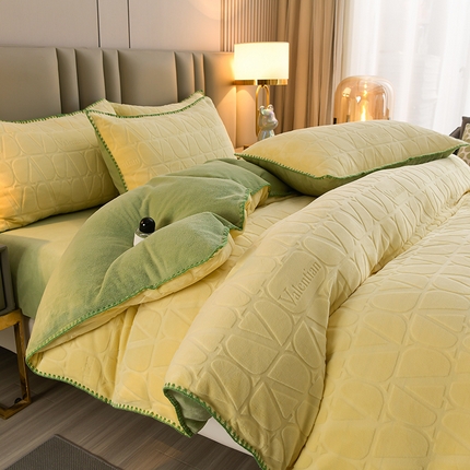 菡宝 2024新款贝壳边无印风230g雕花绒床单四件套 华威-鹅黄