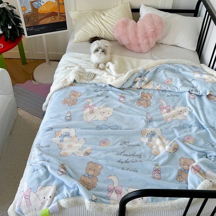 91家纺网 家纺一手货源 找家纺 吉象家纺 2024新款高克重牛奶绒羊羔绒印花毛毯 元气猫咪