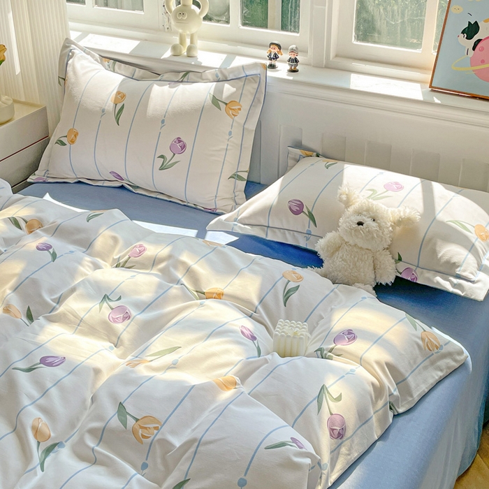 91家纺网 家纺一手货源 找家纺 暖芯优选 2025新款直播爆款加厚全棉磨毛四件套喷气印花纯棉（一字绣工艺款）学生三件套10月上新 郁金香