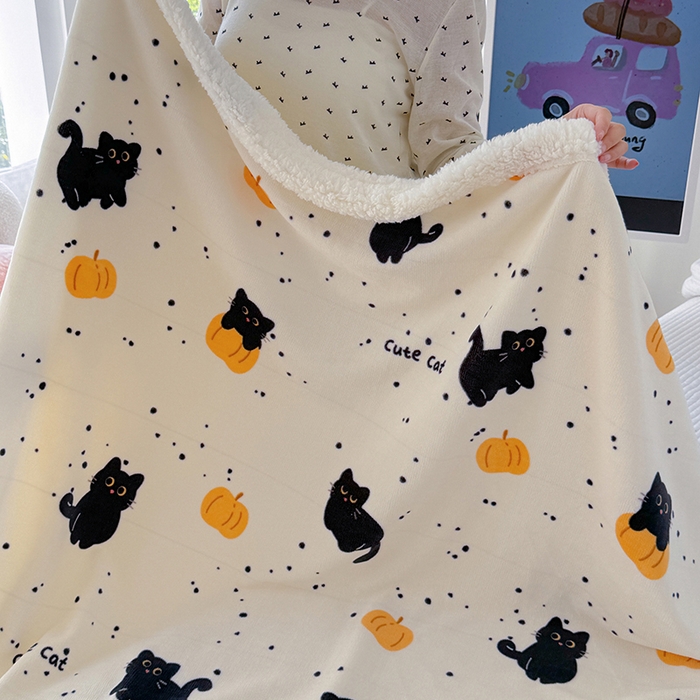 91家纺网 家纺一手货源 找家纺 吉象家纺 2024新款高克重牛奶绒羊羔绒印花毛毯 南瓜猫