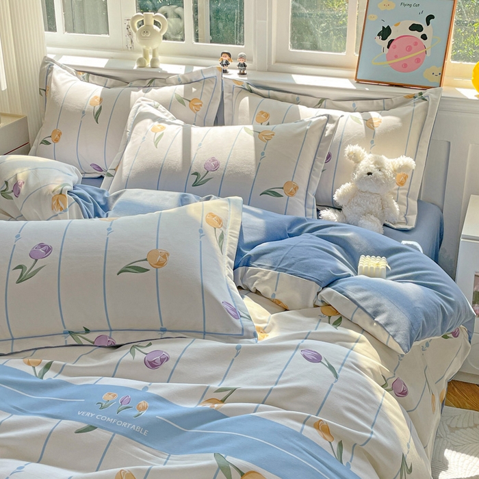 91家纺网 家纺一手货源 找家纺 暖芯优选 2025新款直播爆款加厚全棉磨毛四件套喷气印花纯棉（一字绣工艺款）学生三件套10月上新 郁金香