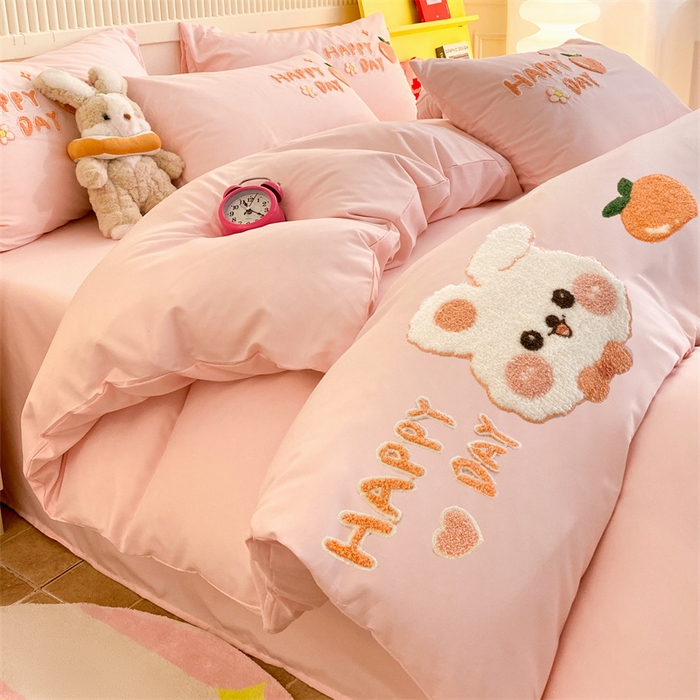 91家纺网 家纺一手货源 找家纺 （总）一左一右 2024新款亲肤磨毛水洗棉立体毛巾绣花卡通四件套儿童学生三件套床笠（提供买家秀）