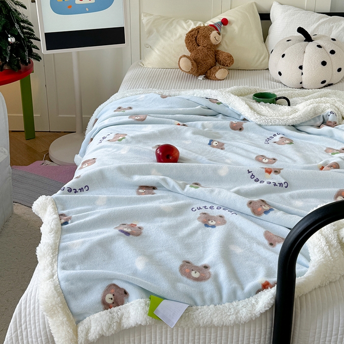 91家纺网 家纺一手货源 找家纺 吉象家纺 2024新款高克重牛奶绒羊羔绒印花毛毯 领带熊