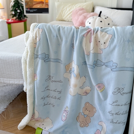 91家纺网 家纺一手货源 找家纺 吉象家纺 2024新款高克重牛奶绒羊羔绒印花毛毯 元气猫咪