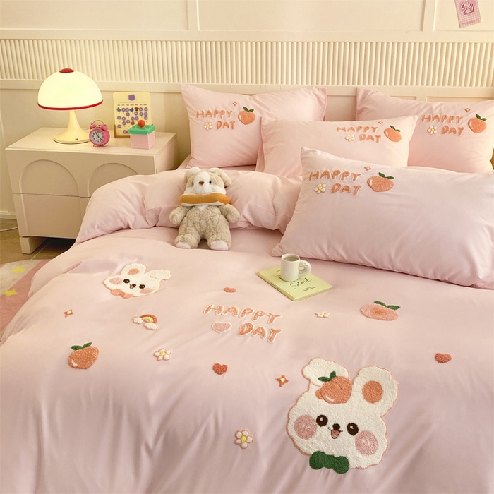 91家纺网 家纺一手货源 找家纺 （总）一左一右 2024新款亲肤磨毛水洗棉立体毛巾绣花卡通四件套儿童学生三件套床笠（提供买家秀）