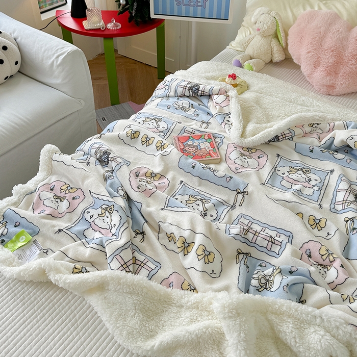 91家纺网 家纺一手货源 找家纺 吉象家纺 2024新款高克重牛奶绒羊羔绒印花毛毯 卡哇伊狗狗