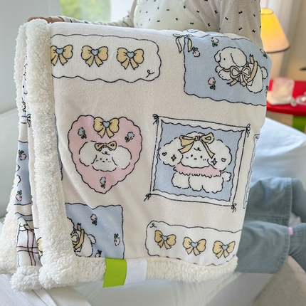 91家纺网 家纺一手货源 找家纺 吉象家纺 2024新款高克重牛奶绒羊羔绒印花毛毯 卡哇伊狗狗