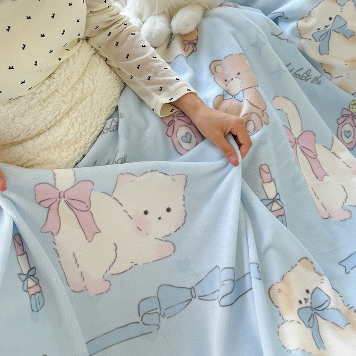 91家纺网 家纺一手货源 找家纺 吉象家纺 2024新款高克重牛奶绒羊羔绒印花毛毯 元气猫咪