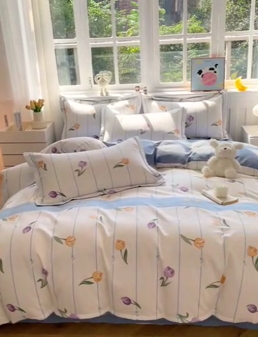 91家纺网 家纺一手货源 找家纺 暖芯优选 2025新款直播爆款加厚全棉磨毛四件套喷气印花纯棉（一字绣工艺款）学生三件套10月上新 郁金香