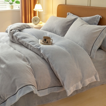 万盛家纺 2025新款牛奶绒拼色宽边四件套 鸭蛋灰-水冰蓝
