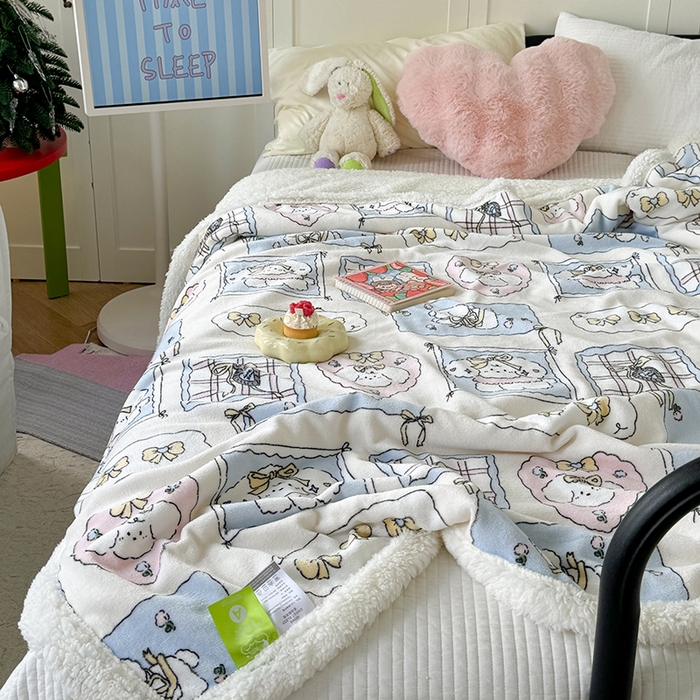 91家纺网 家纺一手货源 找家纺 吉象家纺 2024新款高克重牛奶绒羊羔绒印花毛毯 卡哇伊狗狗