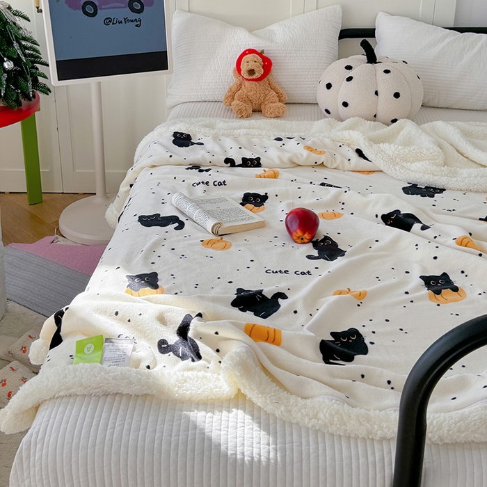 91家纺网 家纺一手货源 找家纺 吉象家纺 2024新款高克重牛奶绒羊羔绒印花毛毯 南瓜猫