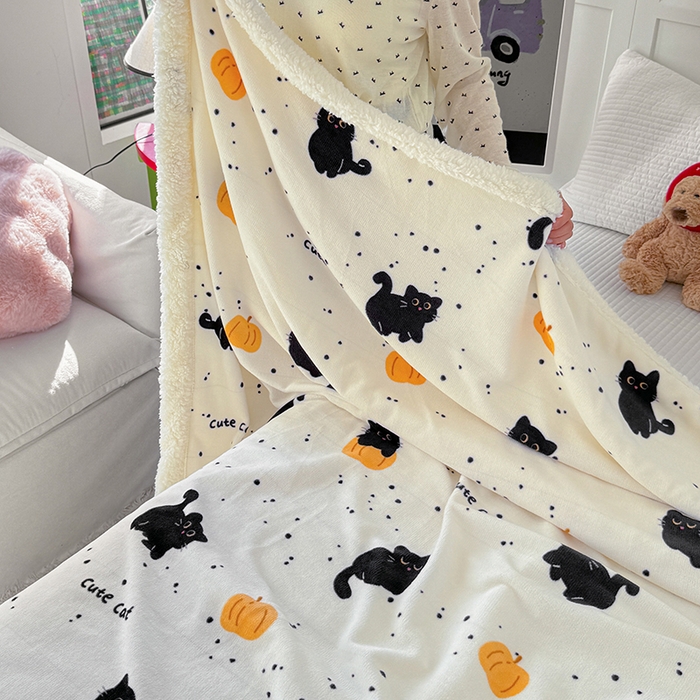 91家纺网 家纺一手货源 找家纺 吉象家纺 2024新款高克重牛奶绒羊羔绒印花毛毯 南瓜猫