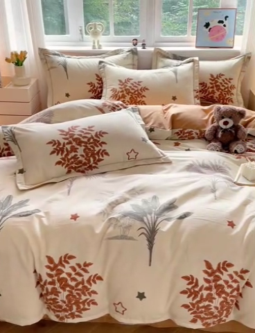 91家纺网 家纺一手货源 找家纺 暖芯优选 2025新款直播爆款加厚全棉磨毛四件套喷气印花纯棉（一字绣工艺款）学生三件套10月上新 浅香