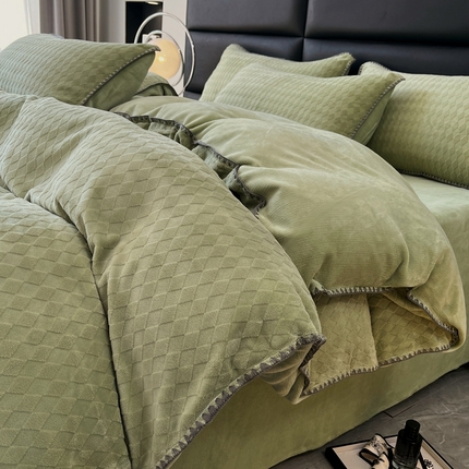 菡宝 2024新款贝壳边无印风230g雕花绒床单四件套 菱形格-香草绿