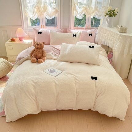 91家纺网 家纺一手货源 找家纺 锦禾穗 2024新款泰迪绒牛奶绒四件套 米白