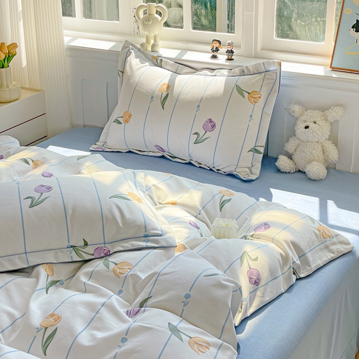 91家纺网 家纺一手货源 找家纺 暖芯优选 2025新款直播爆款加厚全棉磨毛四件套喷气印花纯棉（一字绣工艺款）学生三件套10月上新 郁金香