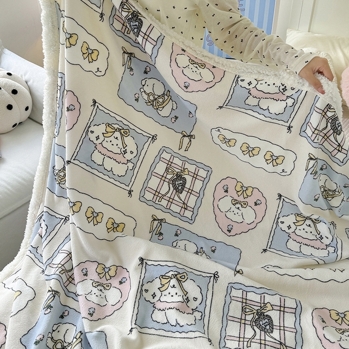 91家纺网 家纺一手货源 找家纺 吉象家纺 2024新款高克重牛奶绒羊羔绒印花毛毯 卡哇伊狗狗