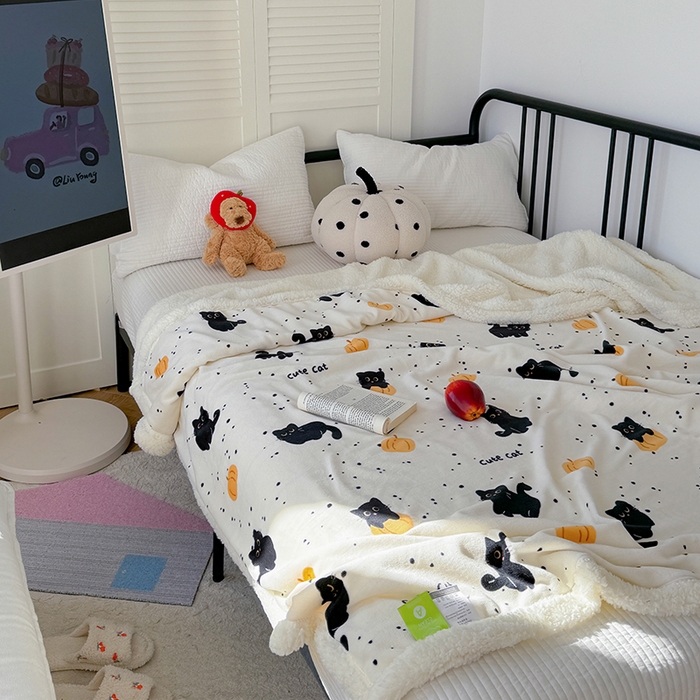 91家纺网 家纺一手货源 找家纺 吉象家纺 2024新款高克重牛奶绒羊羔绒印花毛毯 南瓜猫