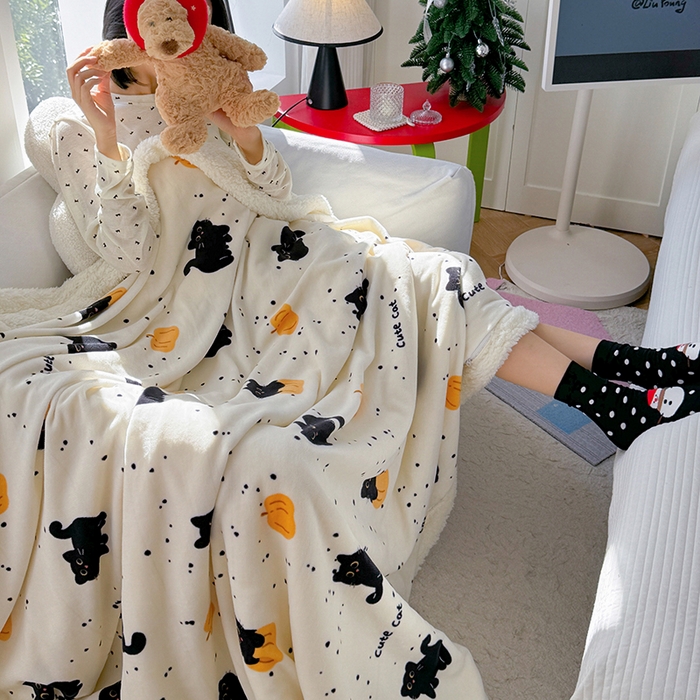 91家纺网 家纺一手货源 找家纺 吉象家纺 2024新款高克重牛奶绒羊羔绒印花毛毯 南瓜猫