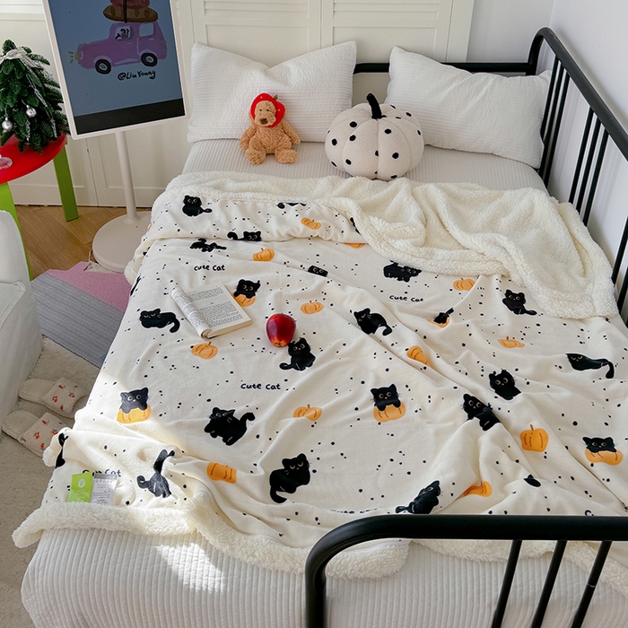 91家纺网 家纺一手货源 找家纺 吉象家纺 2024新款高克重牛奶绒羊羔绒印花毛毯 南瓜猫