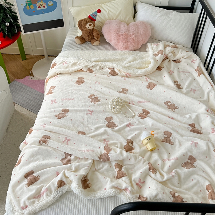 91家纺网 家纺一手货源 找家纺 吉象家纺 2024新款高克重牛奶绒羊羔绒印花毛毯 幸运熊