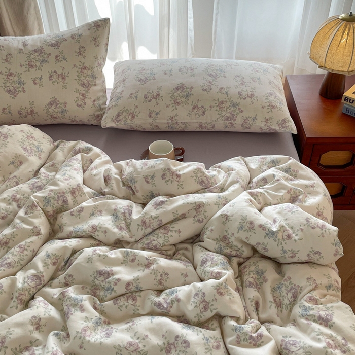 91家纺网 家纺一手货源 找家纺 一比一家纺 2025新款全棉母婴级抗菌有氧全棉双层纱亲肤全棉小清新印花三件套四件套 婆娑