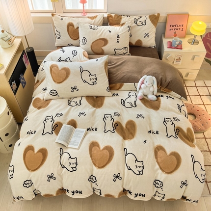 寐眠 2024新款高克重印花牛奶绒四件套风格一 咖啡猫