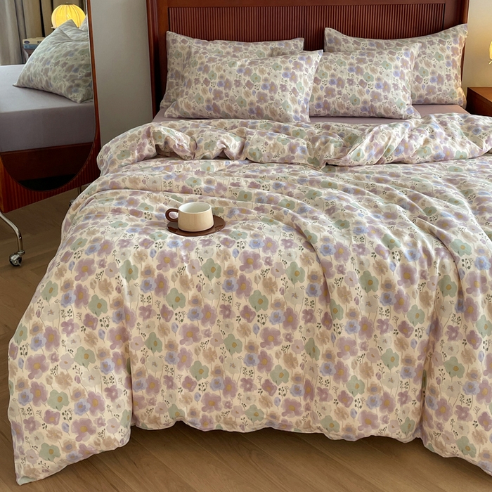 91家纺网 家纺一手货源 找家纺 一比一家纺 2025新款全棉母婴级抗菌有氧全棉双层纱亲肤全棉小清新印花三件套四件套 普罗旺斯