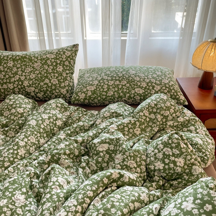 91家纺网 家纺一手货源 找家纺 一比一家纺 2025新款全棉母婴级抗菌有氧全棉双层纱亲肤全棉小清新印花三件套四件套 木槿花-绿