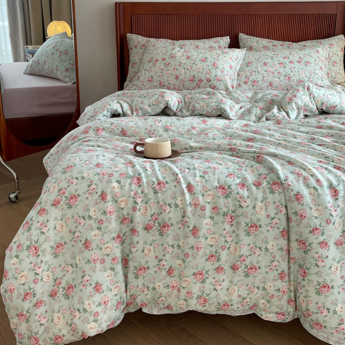 91家纺网 家纺一手货源 找家纺 一比一家纺 2025新款全棉母婴级抗菌有氧全棉双层纱亲肤全棉小清新印花三件套四件套 兰桂坊