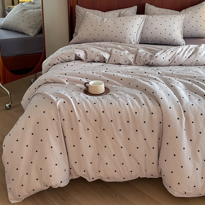 91家纺网 家纺一手货源 找家纺 一比一家纺 2025新款全棉母婴级抗菌有氧全棉双层纱亲肤全棉小清新印花三件套四件套 芋泥啵啵