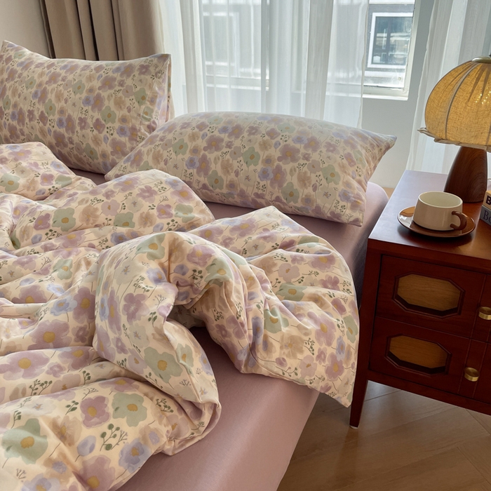 91家纺网 家纺一手货源 找家纺 一比一家纺 2025新款全棉母婴级抗菌有氧全棉双层纱亲肤全棉小清新印花三件套四件套 普罗旺斯