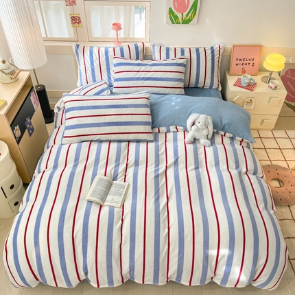 91家纺网 家纺一手货源 找家纺 寐眠 2024新款高克重印花牛奶绒四件套条纹风格一 天蓝条纹