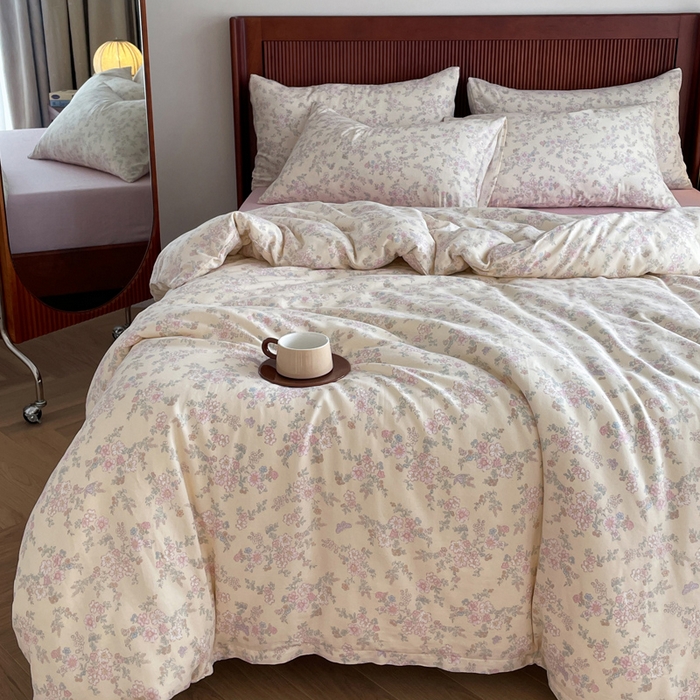 91家纺网 家纺一手货源 找家纺 一比一家纺 2025新款全棉母婴级抗菌有氧全棉双层纱亲肤全棉小清新印花三件套四件套 罗拉小姐