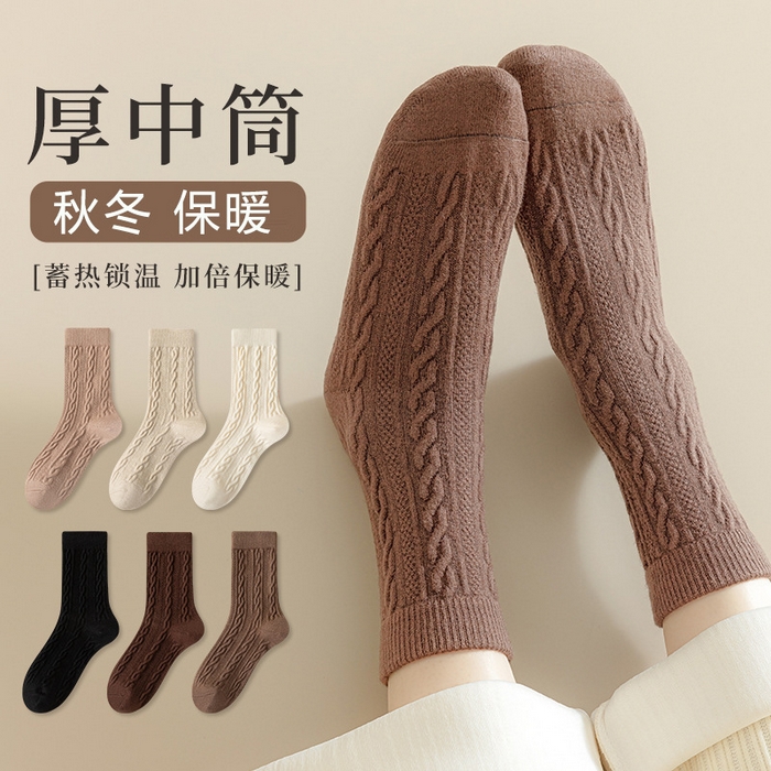 91家纺网 家纺一手货源 找家纺 良品汇馆 2024【女士麻花长袜】日式无印中筒袜子女秋冬良品纯色棉袜棉底袜女士无骨加厚麻花长袜 扭花-浅咖