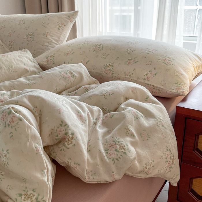 91家纺网 家纺一手货源 找家纺 一比一家纺 2025新款全棉母婴级抗菌有氧全棉双层纱亲肤全棉小清新印花三件套四件套 松子小姐