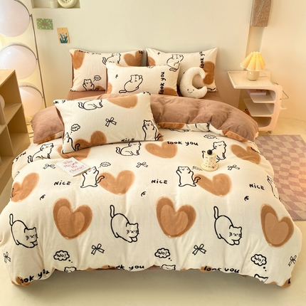 91家纺网 家纺一手货源 找家纺 寐眠 2024新款高克重印花牛奶绒四件套风格二 咖啡猫