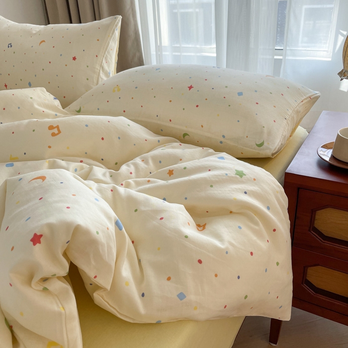 91家纺网 家纺一手货源 找家纺 一比一家纺 2025新款全棉母婴级抗菌有氧全棉双层纱亲肤全棉小清新印花三件套四件套 奶油派