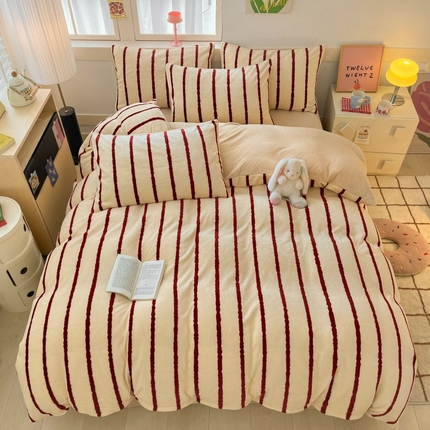 91家纺网 家纺一手货源 找家纺 寐眠 2024新款高克重印花牛奶绒四件套条纹风格一 时代奶茶