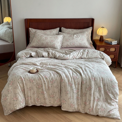 一比一家纺 2025新款全棉母婴级抗菌有氧全棉双层纱亲肤全棉小清新印花三件套四件套 莱茵茶桂