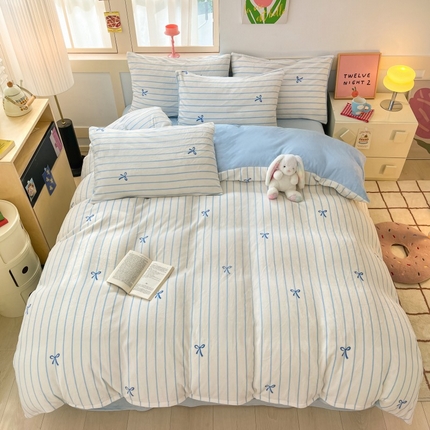 寐眠 2024新款高克重印花牛奶绒四件套条纹风格一 婴儿蓝蝴蝶结