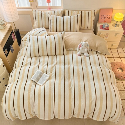寐眠 2024新款高克重印花牛奶绒四件套条纹风格一 奶茶条纹